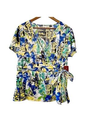 JM Collection Woman Wrap Flutter Sleeve Blouse Tropical Fusion 16W Resort Cruise